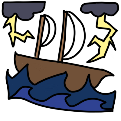  a cartoonish two-maste sailing ship tossed about on a storm sea, lightning clouds above it.